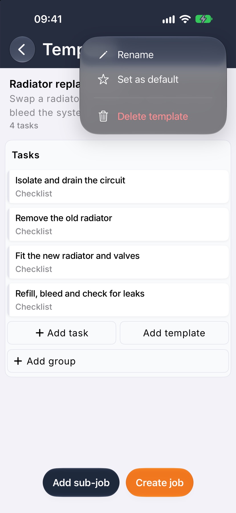A template's Template screen with the three-dot menu open showing Rename, Set as default and Delete template