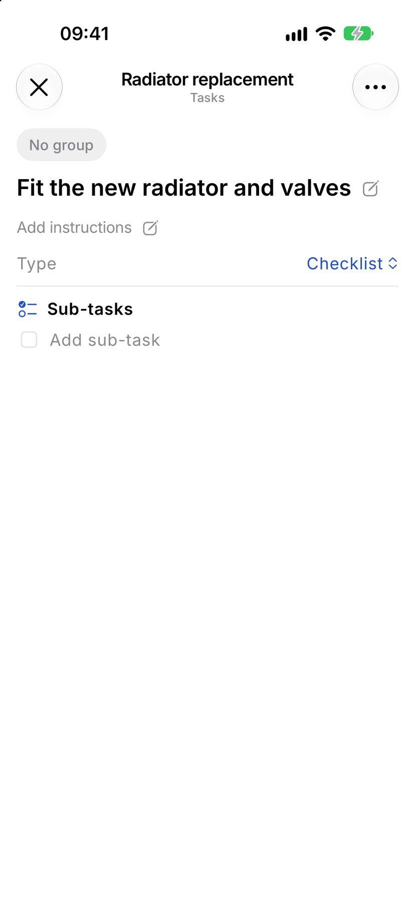 A template task open full screen, showing its title, the Type row and Sub-tasks