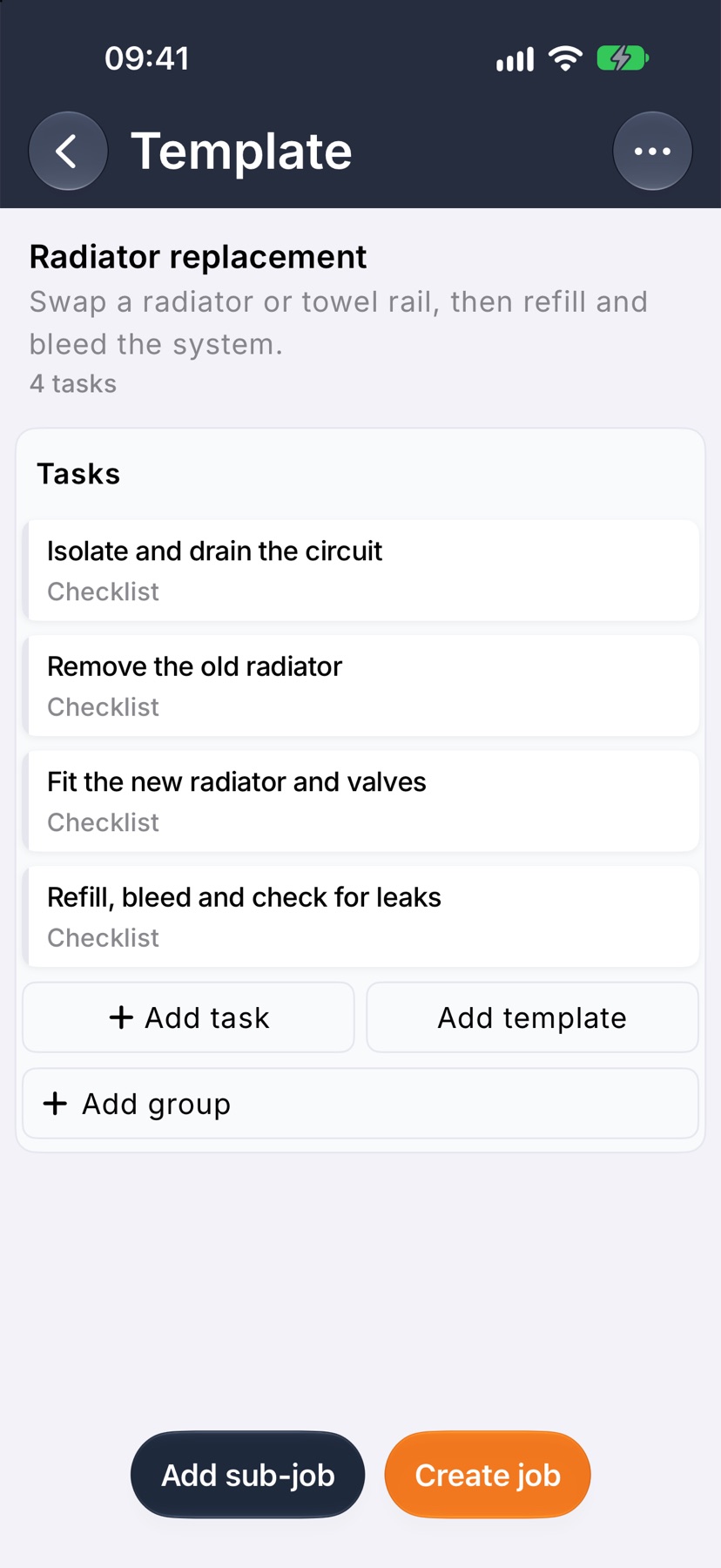 A template's Template screen showing its task cards with Add task and Add template beneath them