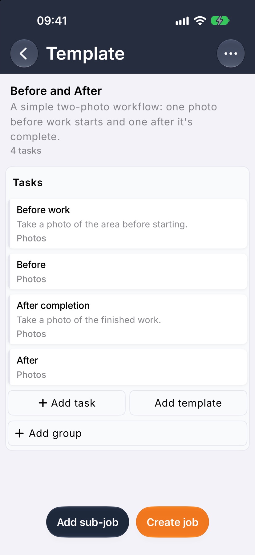The Before and After template open on its own Template screen, showing its name, 4 tasks and its task cards
