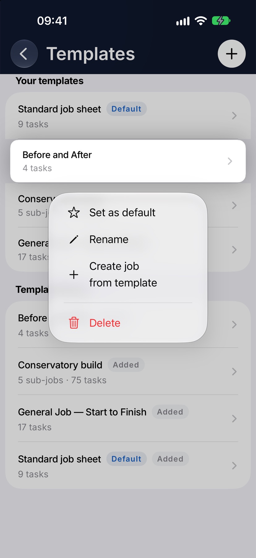 The Templates list with the press-and-hold menu open on the Before and After template, showing Set as default, Rename, Create job from template and Delete
