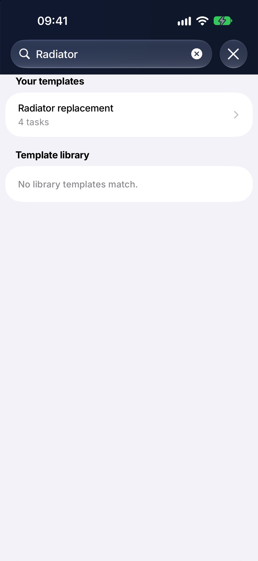 The Templates list searched for Radiator, showing Your templates and the Template library