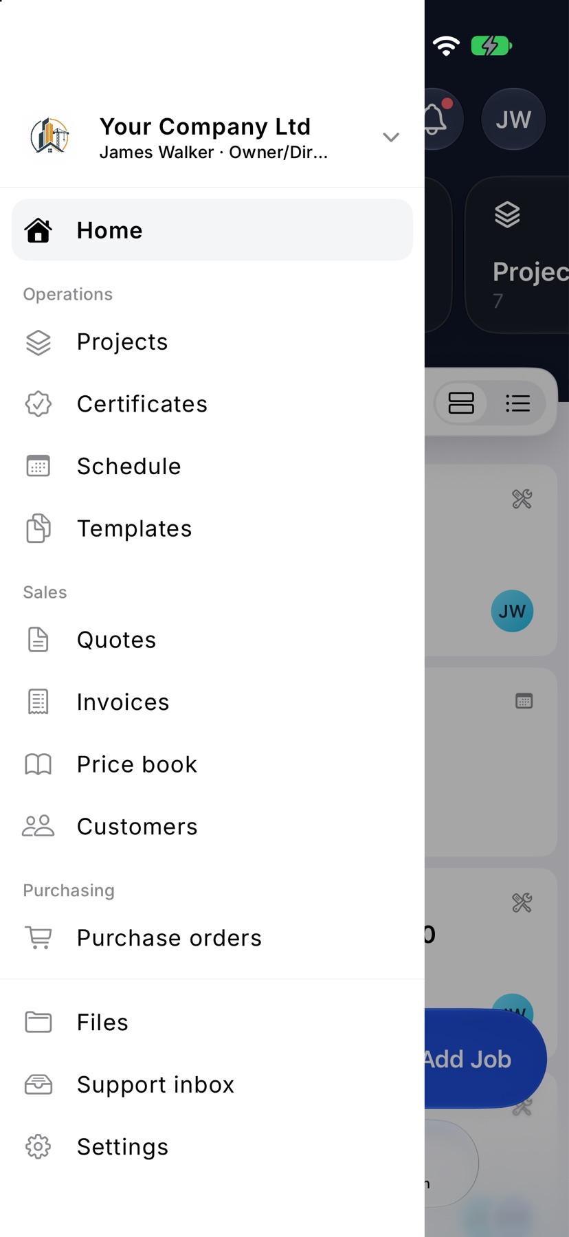 The menu open, showing the Operations section with Projects, Certificates, Schedule and Templates