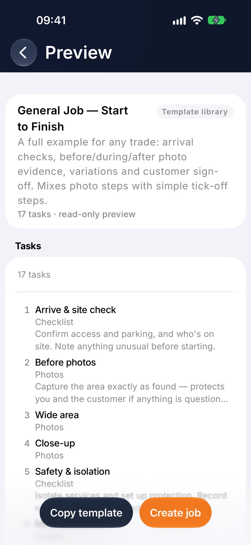 The Preview screen for a library template, showing its header with the Template library badge and its list of tasks. No ring