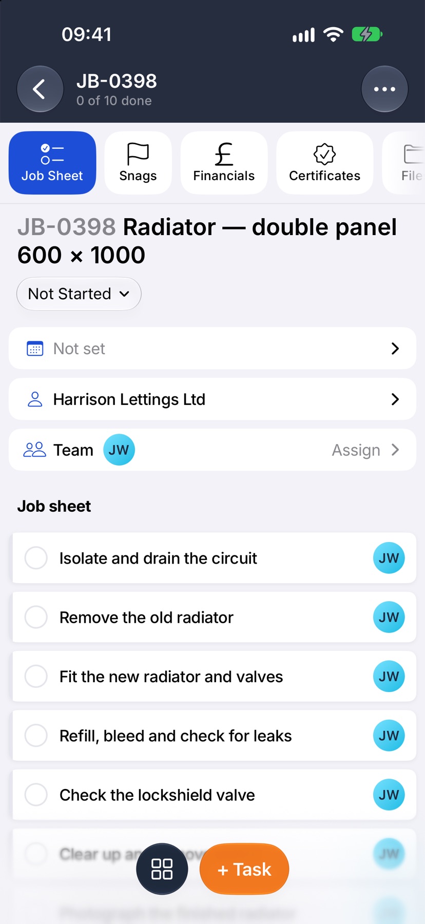 The new job open on its Job Sheet tab, named from the quote, with its tasks