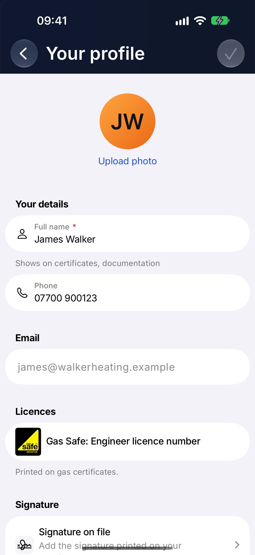 Your profile with Upload photo at the top and the tick at the top right